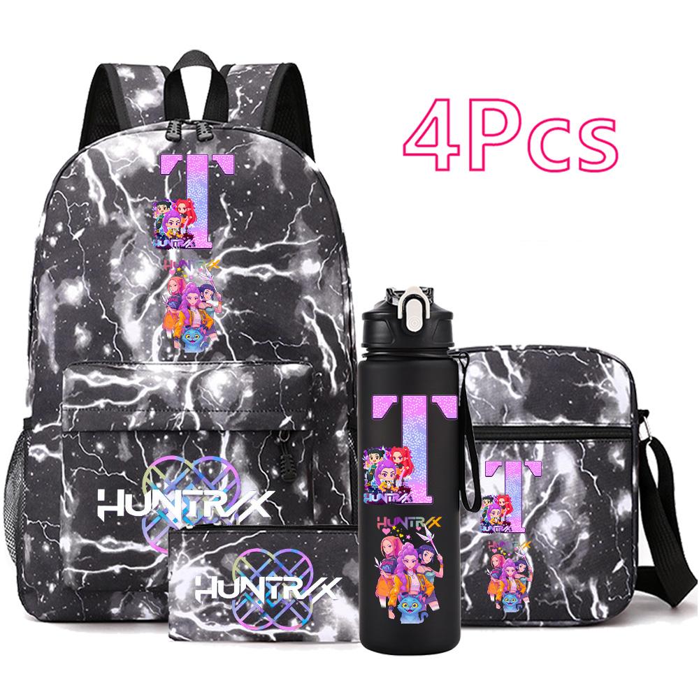 4 Stück/Set Cartoon Anime Aufdruck Rucksack Große Kapazität Schultasche Umhängetasche Tasche mit 750ml Wasserflaschenhalter Junge Mädchen Schultasche