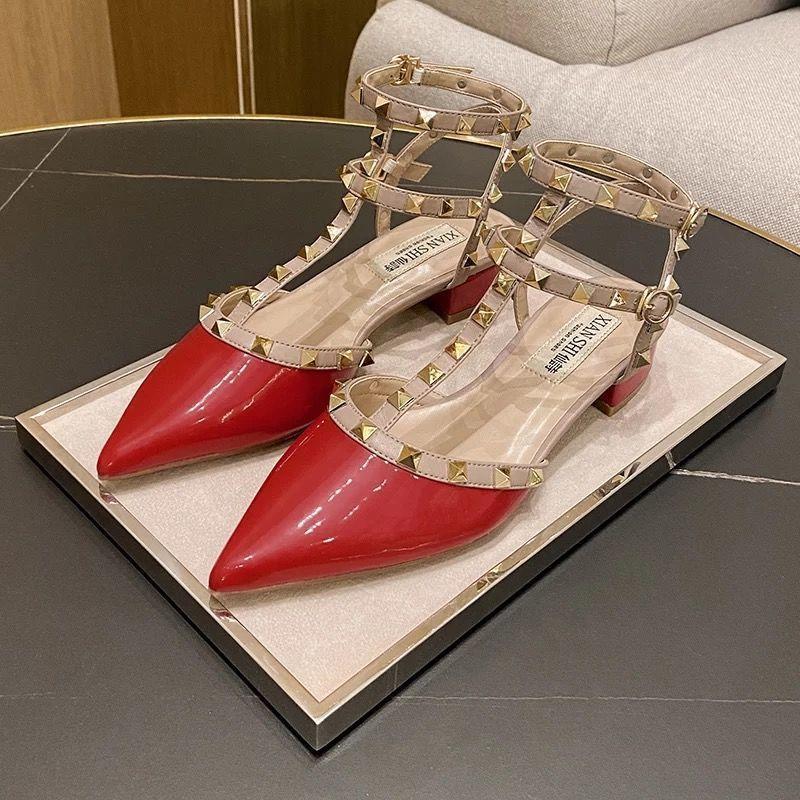 

Летние женские туфли на плоской подошве с заклепками и острым носком, классные туфли Мэри Джейн Баотоу на среднем каблуке 34 красный