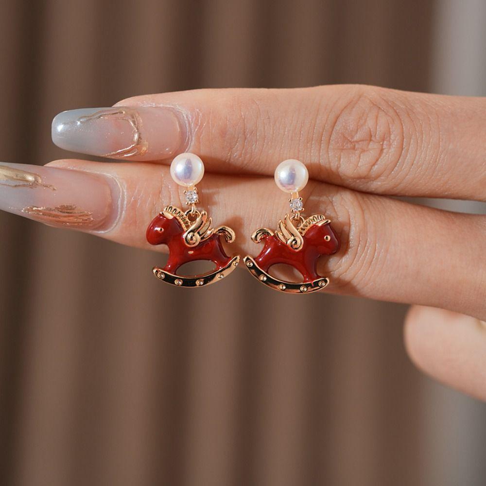 Chinese Horse New Year Cartoon Horse Earrings Zodiac Pony Red Drop Earrings  Lady