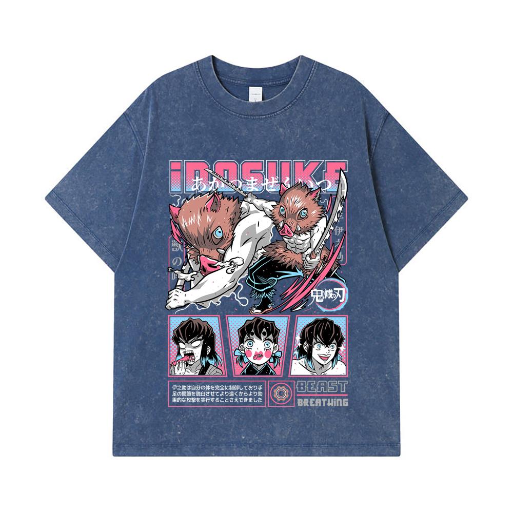 275 GSM Washed T-shirts 100% Cotton Demon Slayer V28 Inosuke Print Unisex Heavy Cotton T Shirt