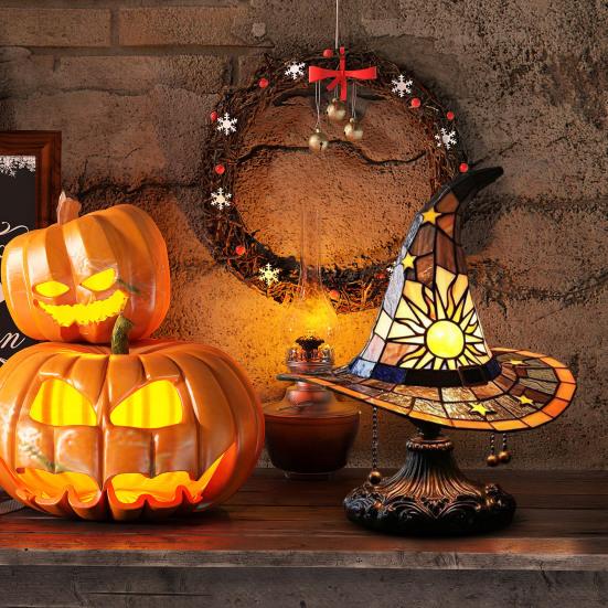 Witch Hat Lamp Stained Glass Resin Wizard Hat Light Spooky Gothic Table Lamp Decorative Standing Light for Indoor Party Haunted Halloween Bedroom