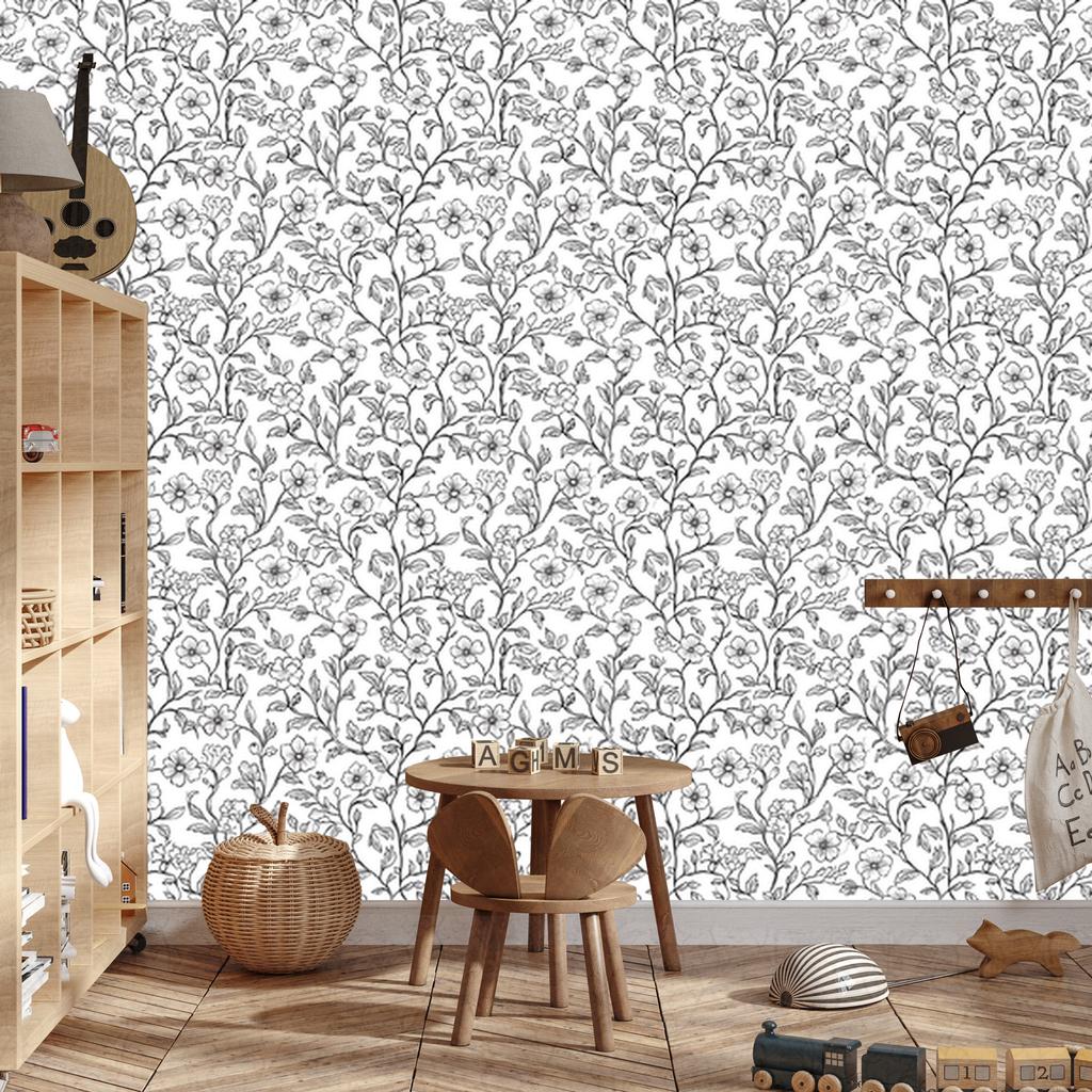 Wallpaper Black and White Flowers Light Gray and White 50x1000