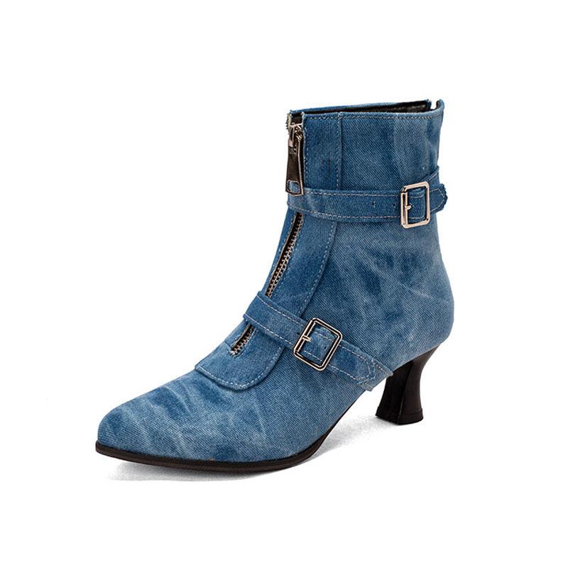 Chunky Heels Ankle Boots Women Pointed Toe Winter Shoes Women Belt Buckle Big Size Botas Custom Denim zapatos mujer WSH4726