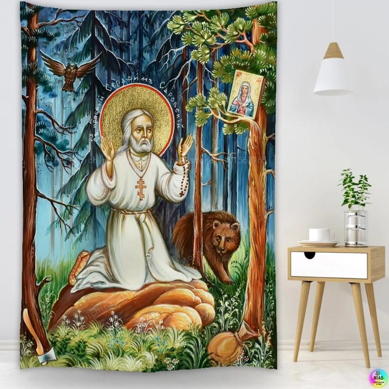 Christian Tapestry Wall Hanging, Christ St George Archangel Religious Icon Art Decor for Home Church Believers Gift 100X70CM