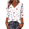 Women's Fashionable Casual Independence Day American Flag and Stars Print V-Neck Three-Quarter Sleeve T-Shirt Top