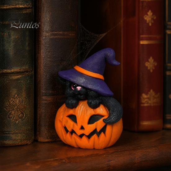Spooky Halloween Gift for Friends Ornament, Witch Black Cat Pumpkin Shape, Durable Synthetic Resin Unique Holiday Kids Weather Resistant Figurine,