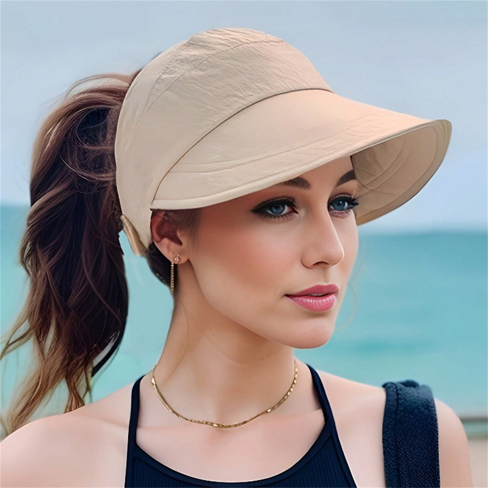 

1pc Breathable Women s Sun Hat With Wide Brim, UV Protection, Open-Top Peaked Visor For Ponytails Adjustable хаки