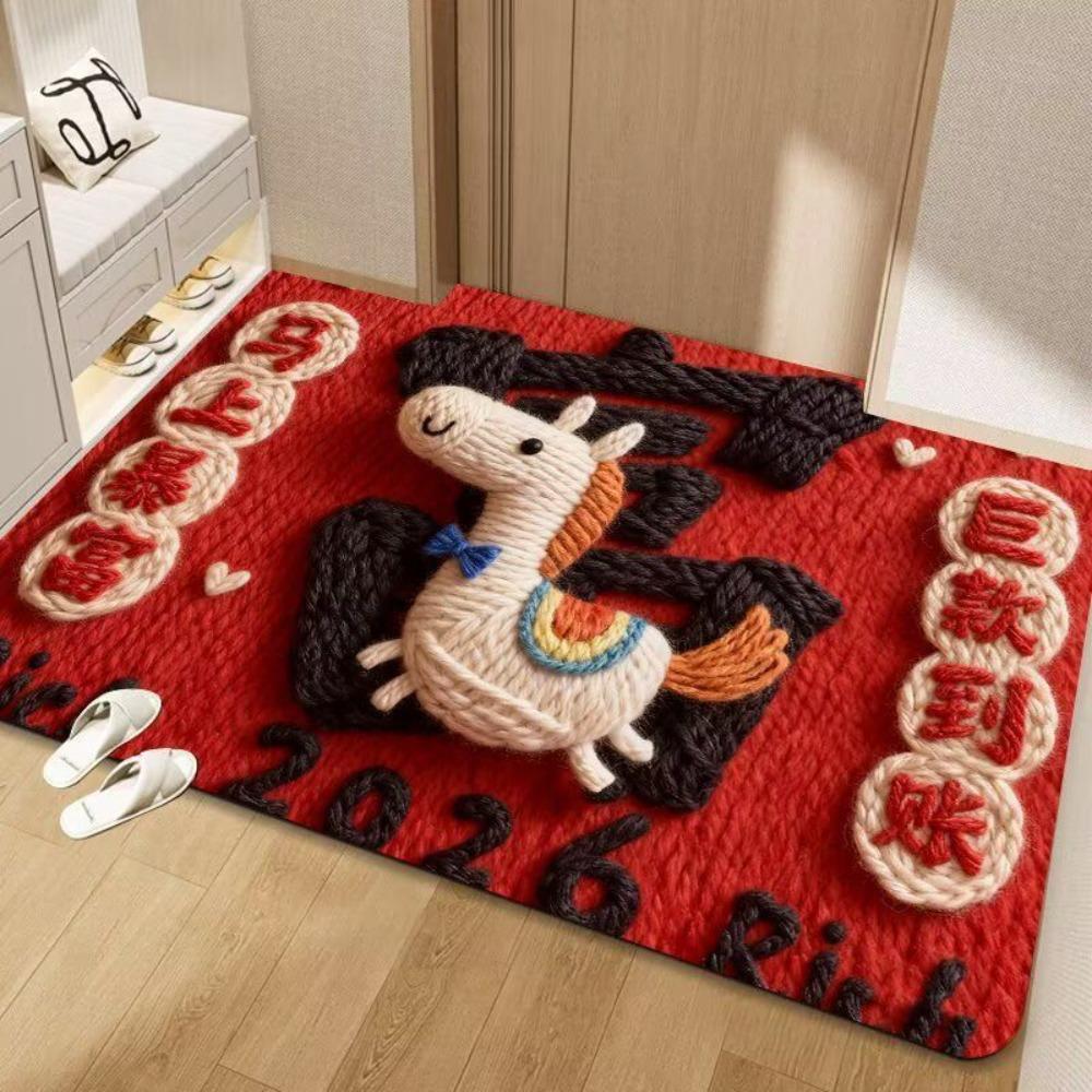 

Cute Horse Pattern New Year Door Mat Festive Red Non-slip Door Carpet Water Absorption Soft Foot Mat Home Decorations