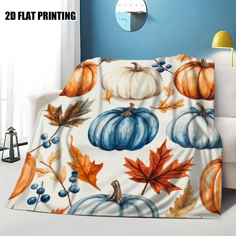 1pc Cozy Autumn Thanksgiving Pumpkin & Fall Leaves Printed Flannel Throw Blanket - Soft Warm All-Season Bedspread with White Bac