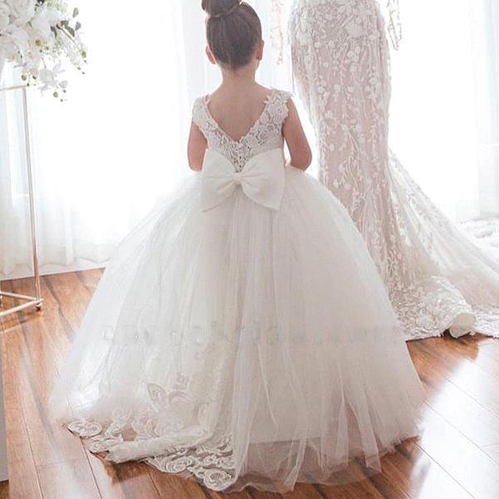 White Bridesmaid Dresses Girls Flower Girl Dresses Ball Gown Kids Wedding Party Pageant First Communion Gown Big Bow Sleeveless