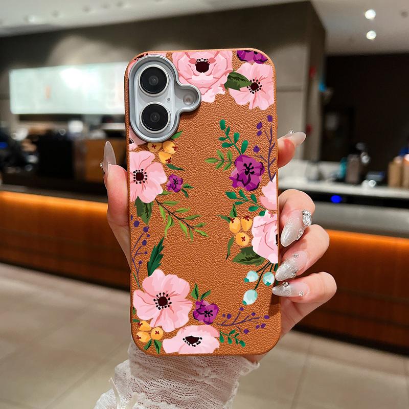 Floral Pattern Leather Texture Soft TPU Case For iPhone 16 15 14 Pro Max 15 Plus 12 13 Pro Max 11 Flowers Shockproof Phone Cover