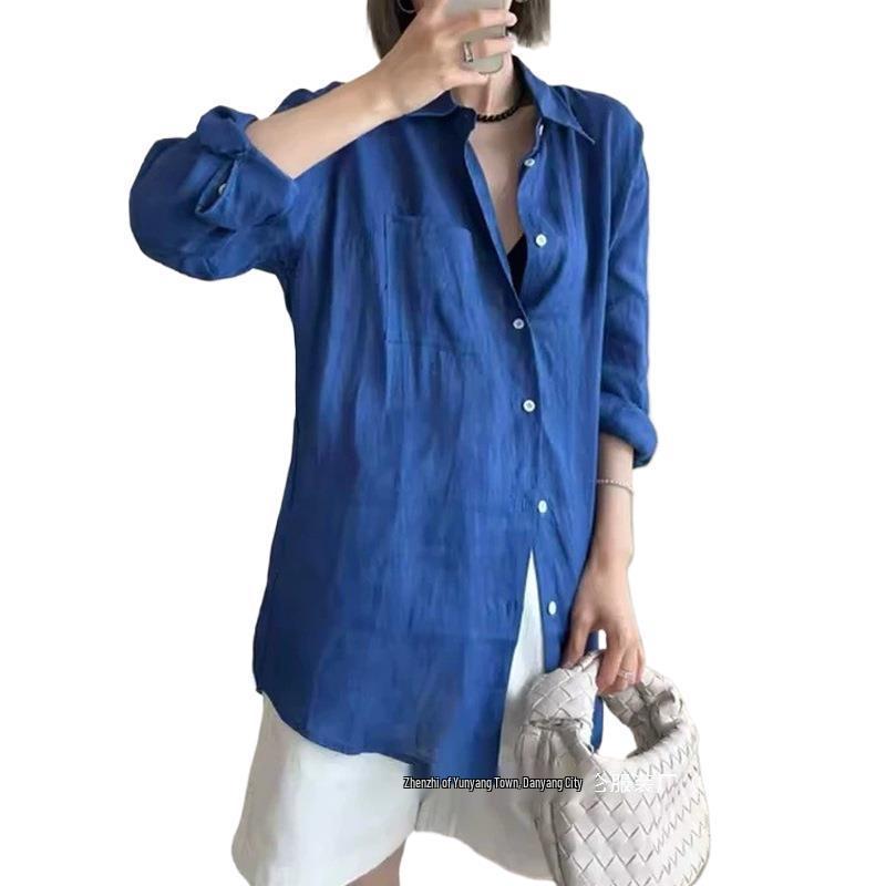 Women's French White Cotton Linen Long-Sleeve Shirt - Summer Loose Fit, Old Money Style.