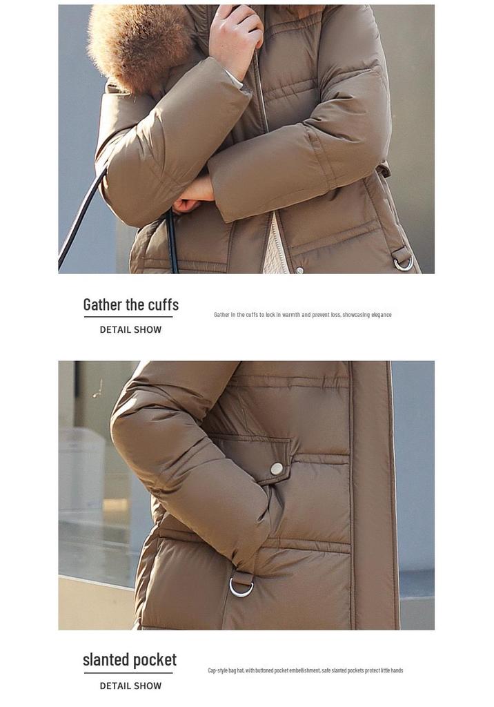 Winter Women's Long Cotton Jacket with Fur Collar and Belted Waist