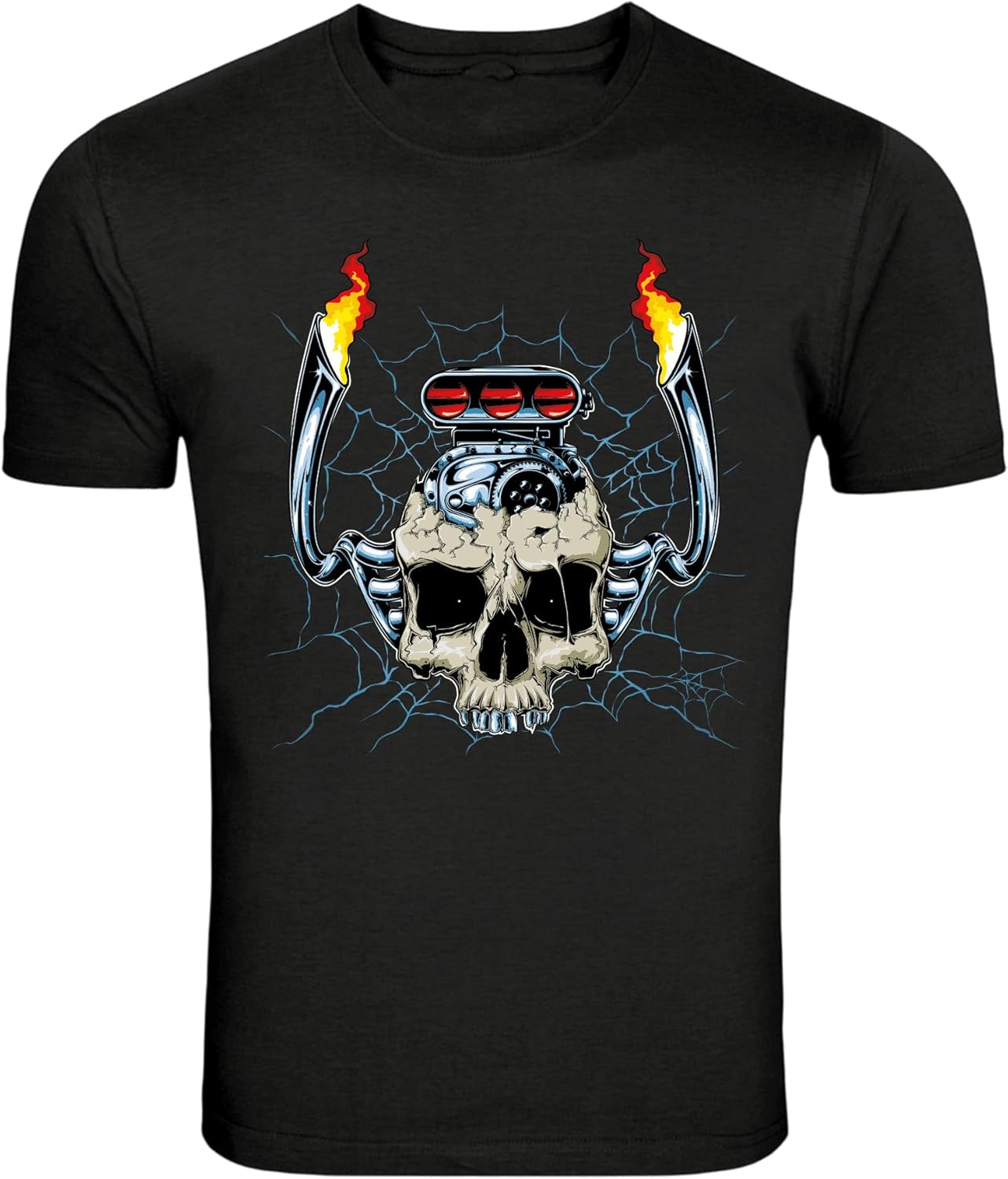 Hot Rod Skull Engine Flames Mechanic Graphic T-Shirt S