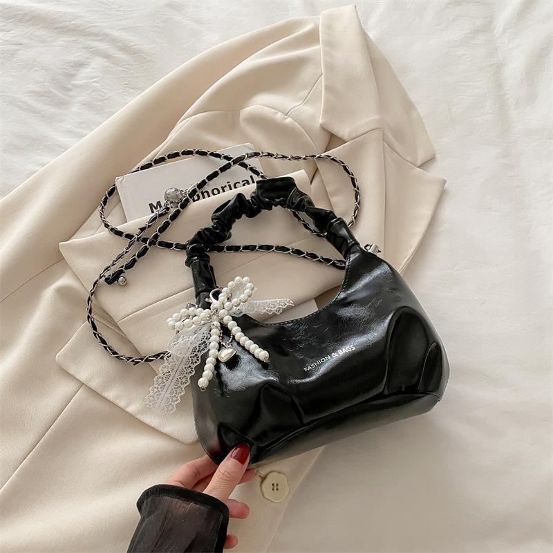 Beaded Bow Solid Color 2 New Casual Simple Design Chain Fold Work Small Carry Handbag Bag Woman