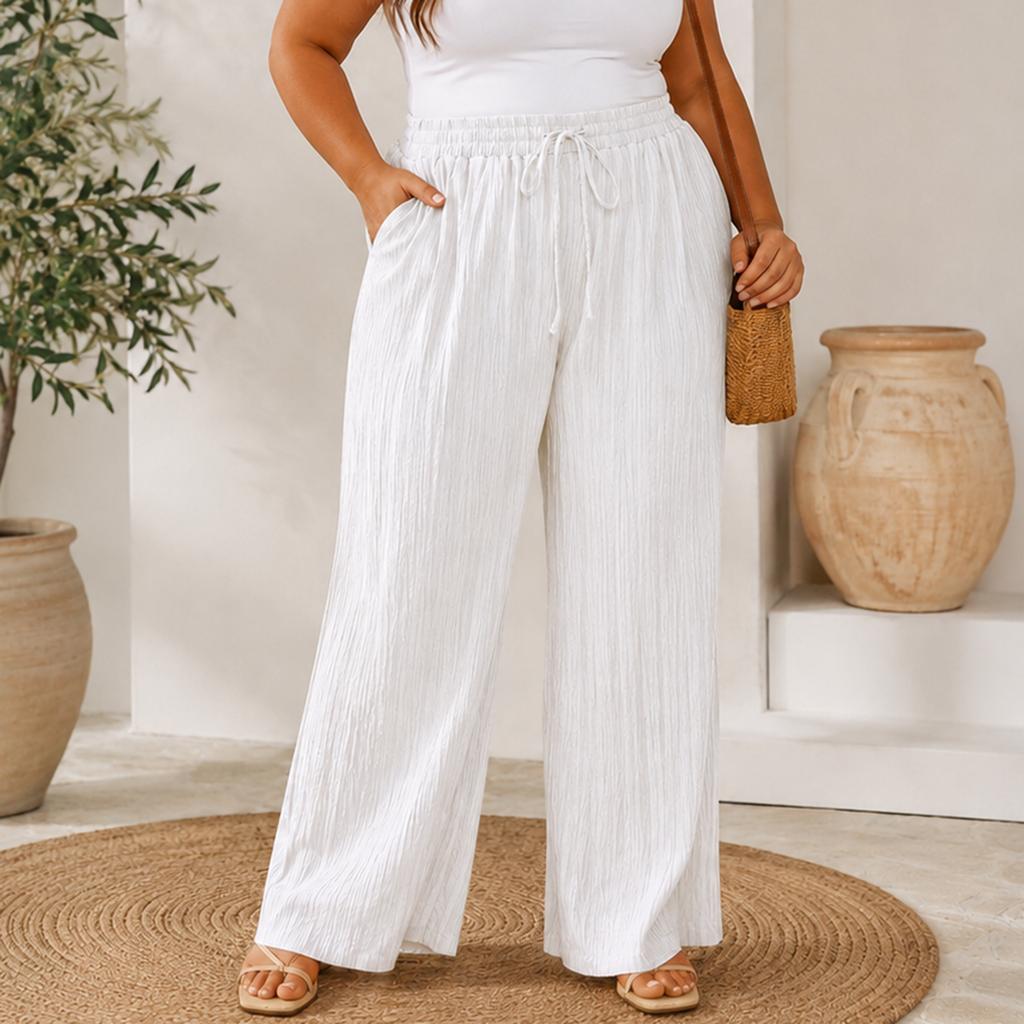 High Waist Loose Fit Wide Leg Pants for Women Drawstring Waistband Relaxed Style Lightweight Fabric Casual Trousers with Pockets