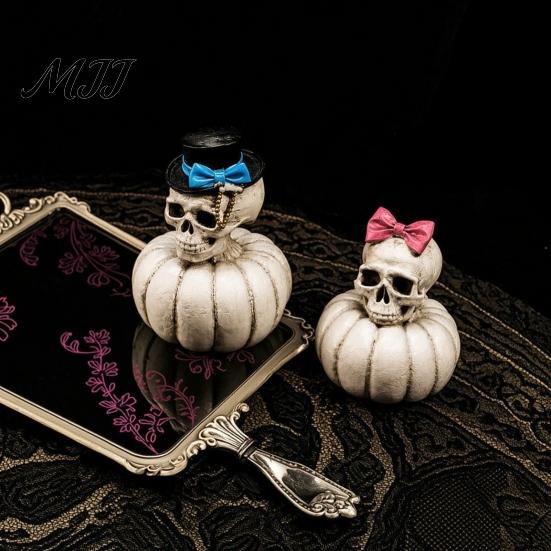 Versatile Festival Scene Decorations Gothic Skull Pumpkin Statue, Halloween Bride Groom Figurine, Pink Bow On Ornament for Desktop Mantel Decor Unique