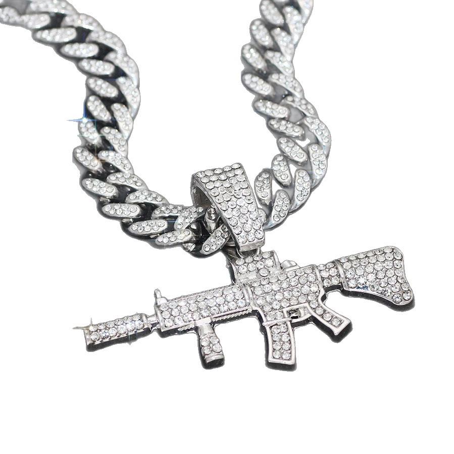 Rhinestone Gun Pendant Necklace, Trendy Hip Hop Nightclub Accessory, Full Rhinestone Alloy Design.