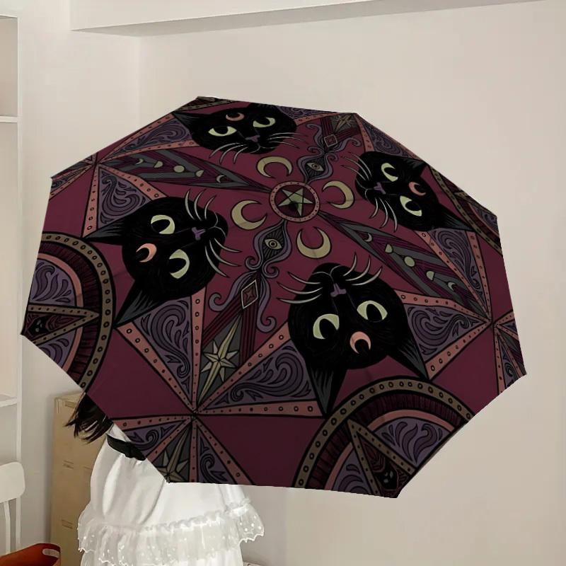 1PC Mystic Cats Automatic Folding Umbrella - Compact 8-Rib Design, Durable Plastic & Iron, Lightweight for Outdoor Daily Use, Festive Gift094
