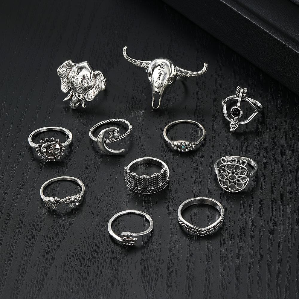 11Pcs/Set Silver Color Gothic Ring Set Bull Head Elephant Head Heart Eye Trendy Mix And Match For Daily Outfits Accessories