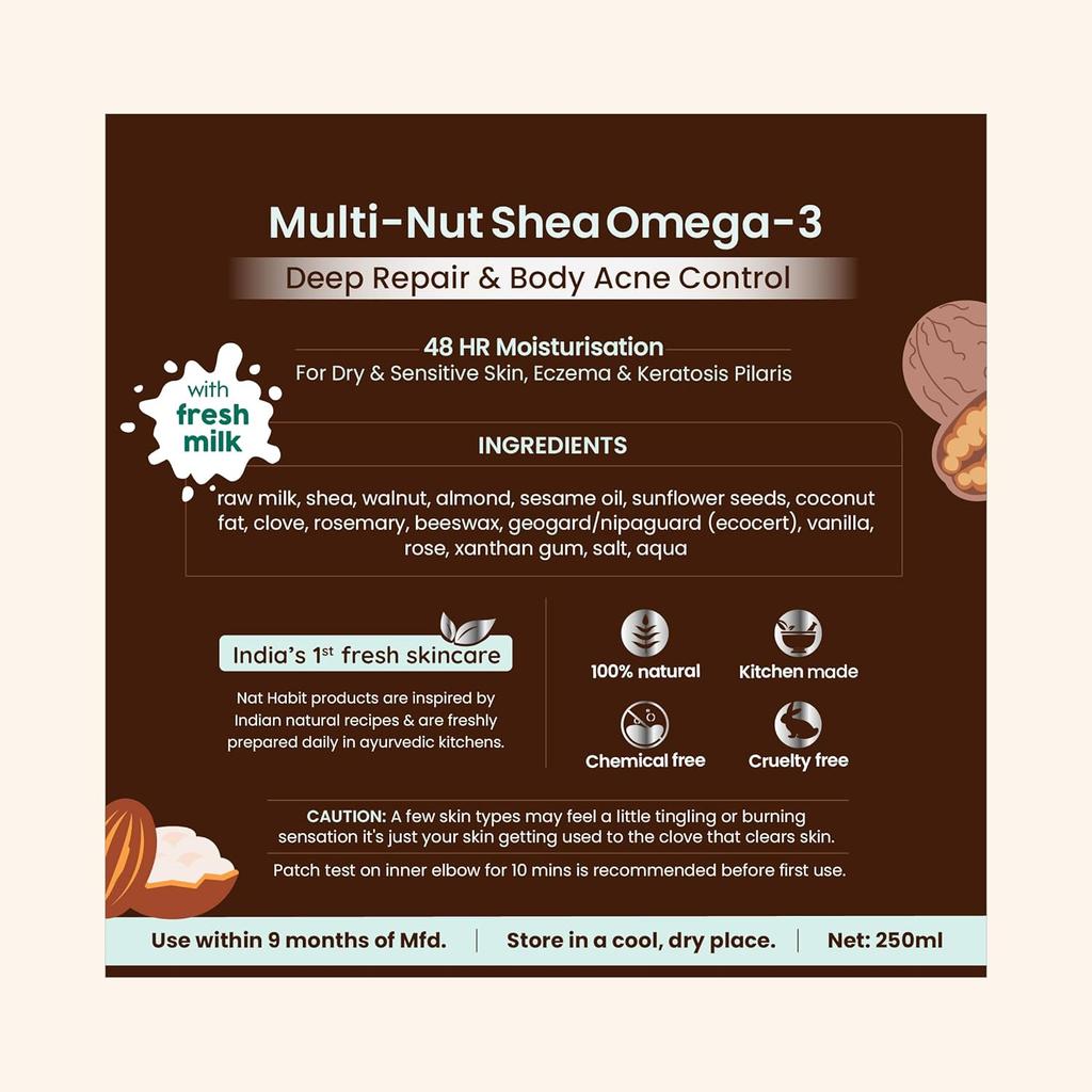 Fresh Whipped Body Lotion,  Multi-Nut Shea Omega 3, For Deep Skin Repair, Hydration, Body Acne Control & 48 Hours Moisture, 250 Ml (Pack of 1)