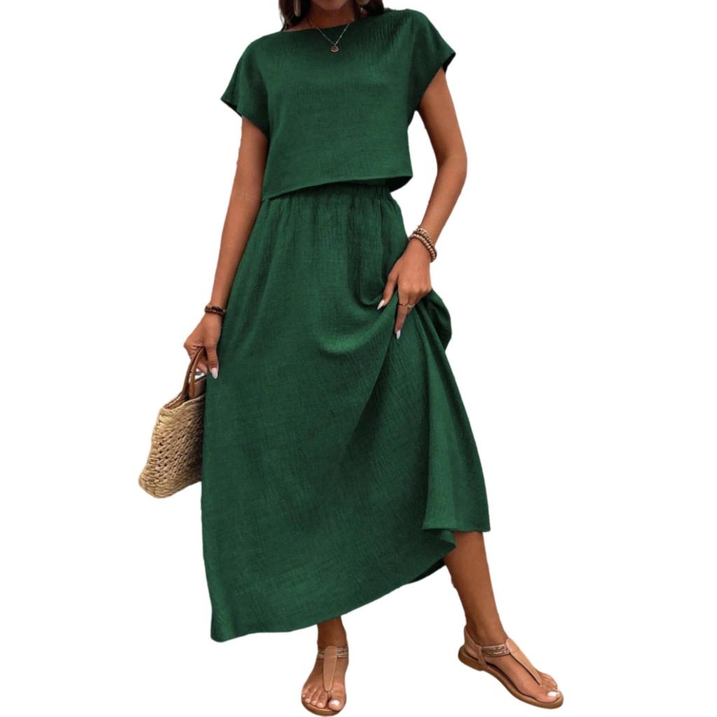 Women Two Piece Set Short Sleeve Crop Top and Casual A-Line Maxi Skirt Lightweight Comfortable Summer Outfit