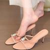 Temperament Rhinestone Stiletto Sandals Women's Round Toe Shallow Mouth Open Toe One Slip Strap Anti-slip Sandals