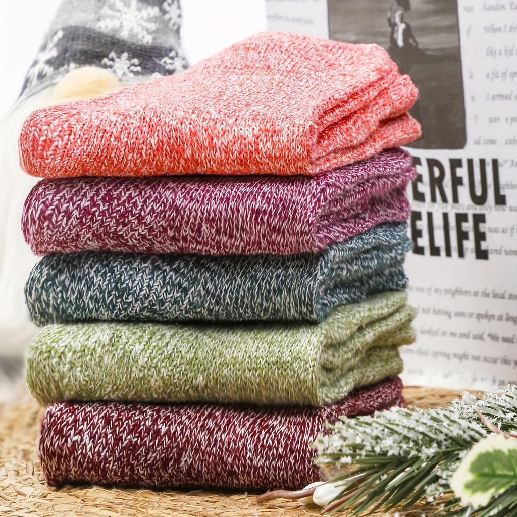 5 Pairs Women'S Thick Retro Winter Socks - Warm, Comfortable Round Toe Ankle Socks In Maroon, Perfect for Gifts, All-Season Wear, Soft Socks