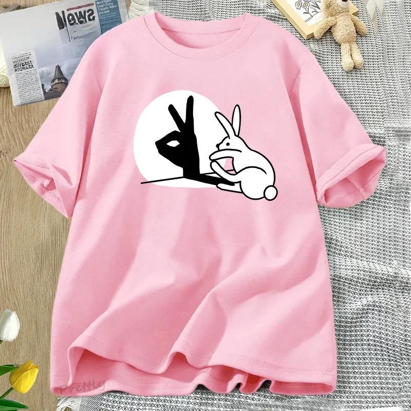 Funny Rabbit Hand Shadow TShirt Cute Cotton Short Sleeve T Shirt for Unisex Women Couple Short Sleeve Tops Harajuku Y2k Clothing S