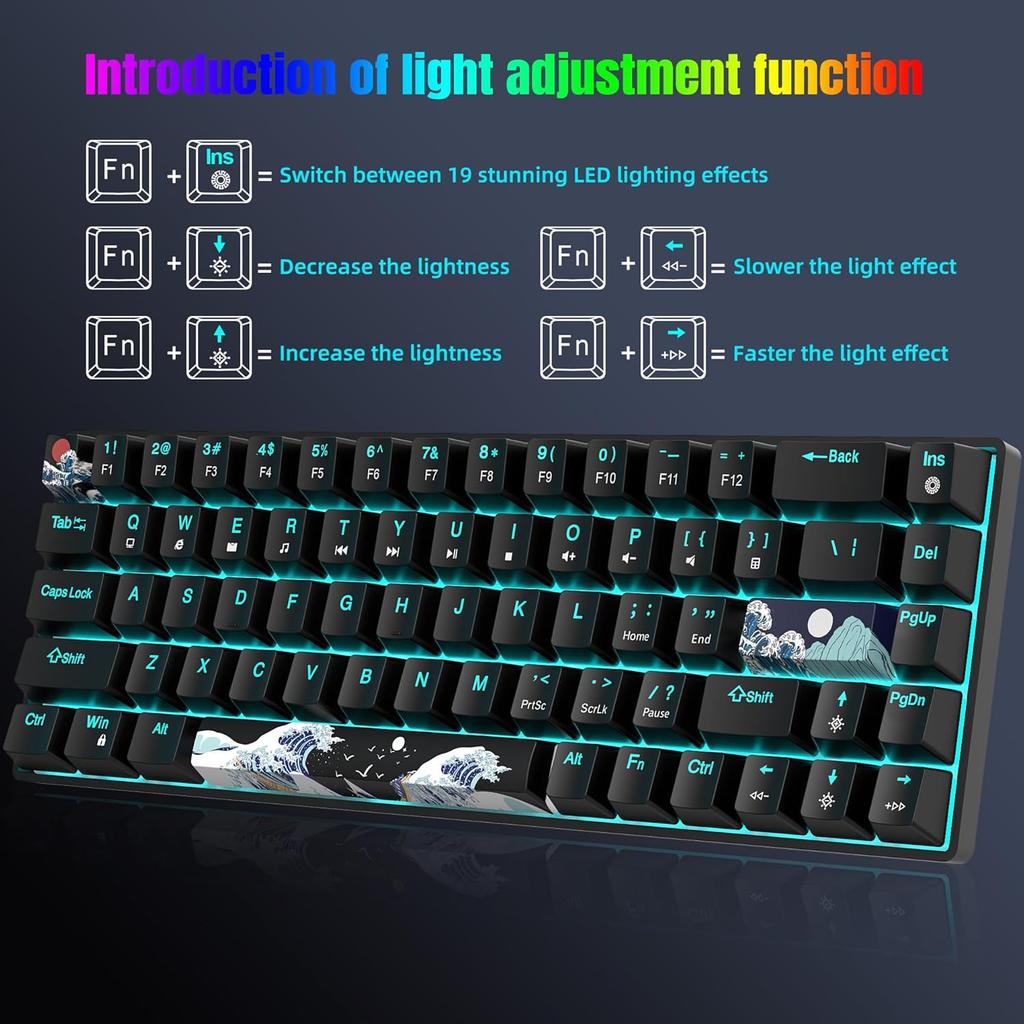 68 Keys 60% Mechanical Gaming Keyboard Hot Swappable Blue Switch Ice Blue Backlight Detachable USB-C Cable For Windows Mac Linux