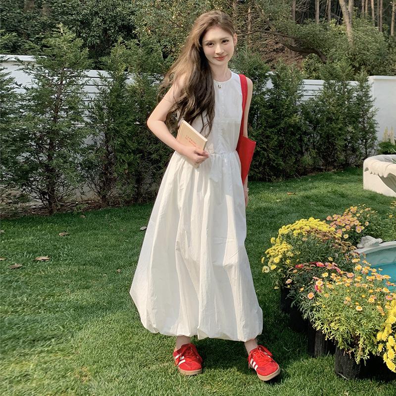 

Women s 2025 Spring/Summer Sleeveless Round Neck Long Dress with Large Swing Skirt S 45-55 kg белый