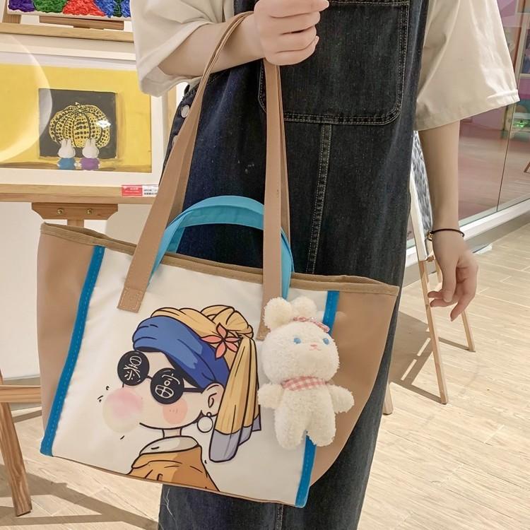 Large Capacity Portable Shoulder Cartoon Comic Bag Women's Bag Cute Daily Versatile College Student Class Canvas Tote Bag