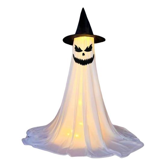 Halloween Ghost Decoration with LED Light Large White Scary Light Up Ghost with Witch Hat for Outdoor Front Porch Yard Garden Lawn Home Decor