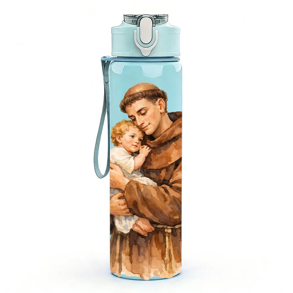 1PC Saint Joseph Holding Baby Print 750ml Color Plastic Sports Water Bottle Leakproof Flip Straw Lid Suitable for Sports Office Home Use