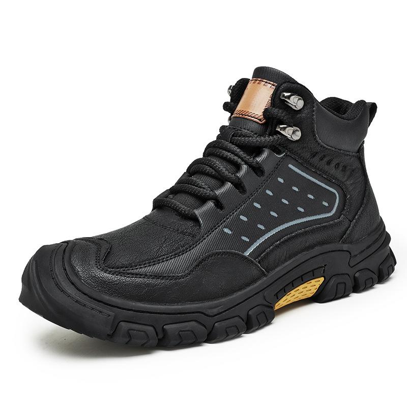 Medium top men's shoes leather outdoor non-slip thick sole wear-resistant lace-up bag head casual shoes men's mountaineering shoes hiking shoes
