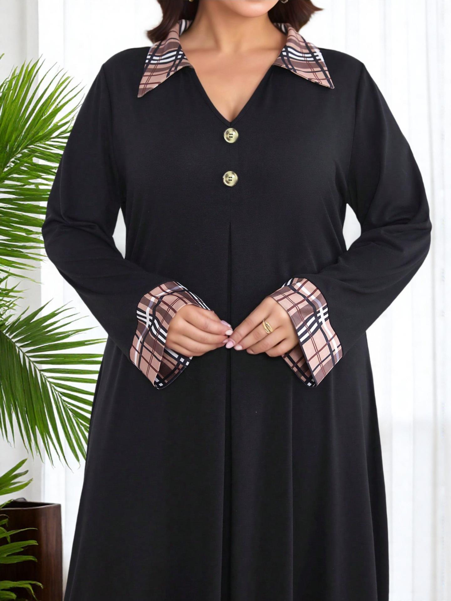 Plus Size V-neck Plaid Lapel Long Skirt for Women - Solid Color, Long Sleeve, Flattering Fit 4XL чёрный