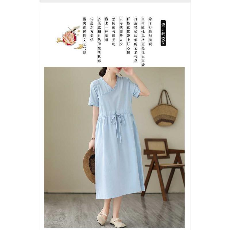 Ethnic Style Wooden Ear Neck Tie Waist Short Sleeve Midi Literary Vintage Dresses