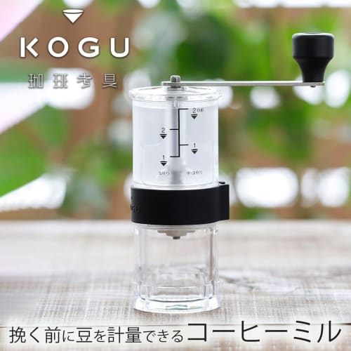 KOGU Coffee Grinder, Manual, Made in Japan, with Graduations, Ceramic Blade, Adjustable Coarseness, Coffee, Outdoor, Camping, Clear, Black, Tsubame-Sa