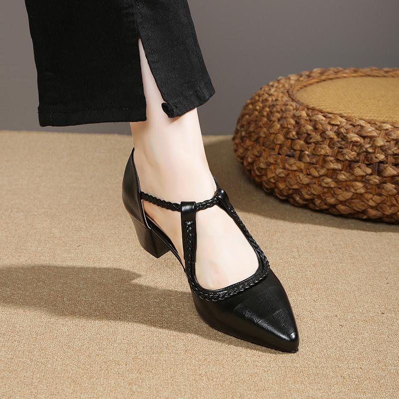 

Fashion 2025 Fashion Hollow Women s High Heels Pointed Toe Weave Buckle Strap Chunky Heel Pumps Plus Size Dress Career Retro Mary Jane 35 чёрный