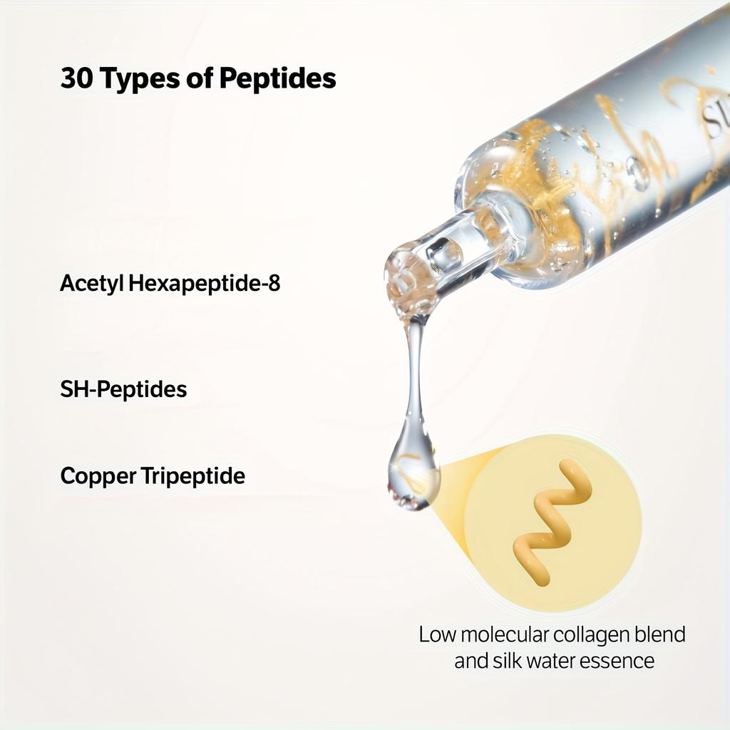 סרום אמפולה סרום פנים פפטידי המכיל קולגן, ניאצינמיד ותערובת של 30 פפטידים. הוא מעניק לחות, ממצק את העור, משפר גוון עור לא אחיד