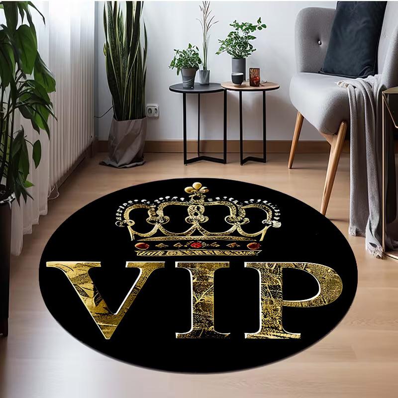 VIP Crown Round Rug Flannel Luxury Entrance Office Hotel Decor Gold Black Elegant Design Premium Quality Floor Mat Royal Style