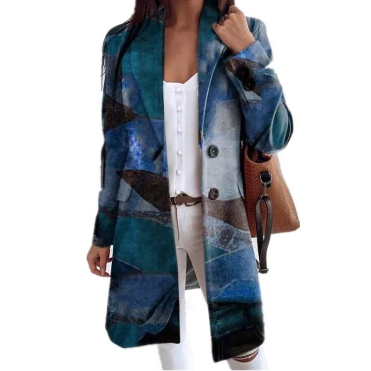 Women Plus Size Long Wollen Coat Autumn Printing Loose Warm Fashion Outerwear