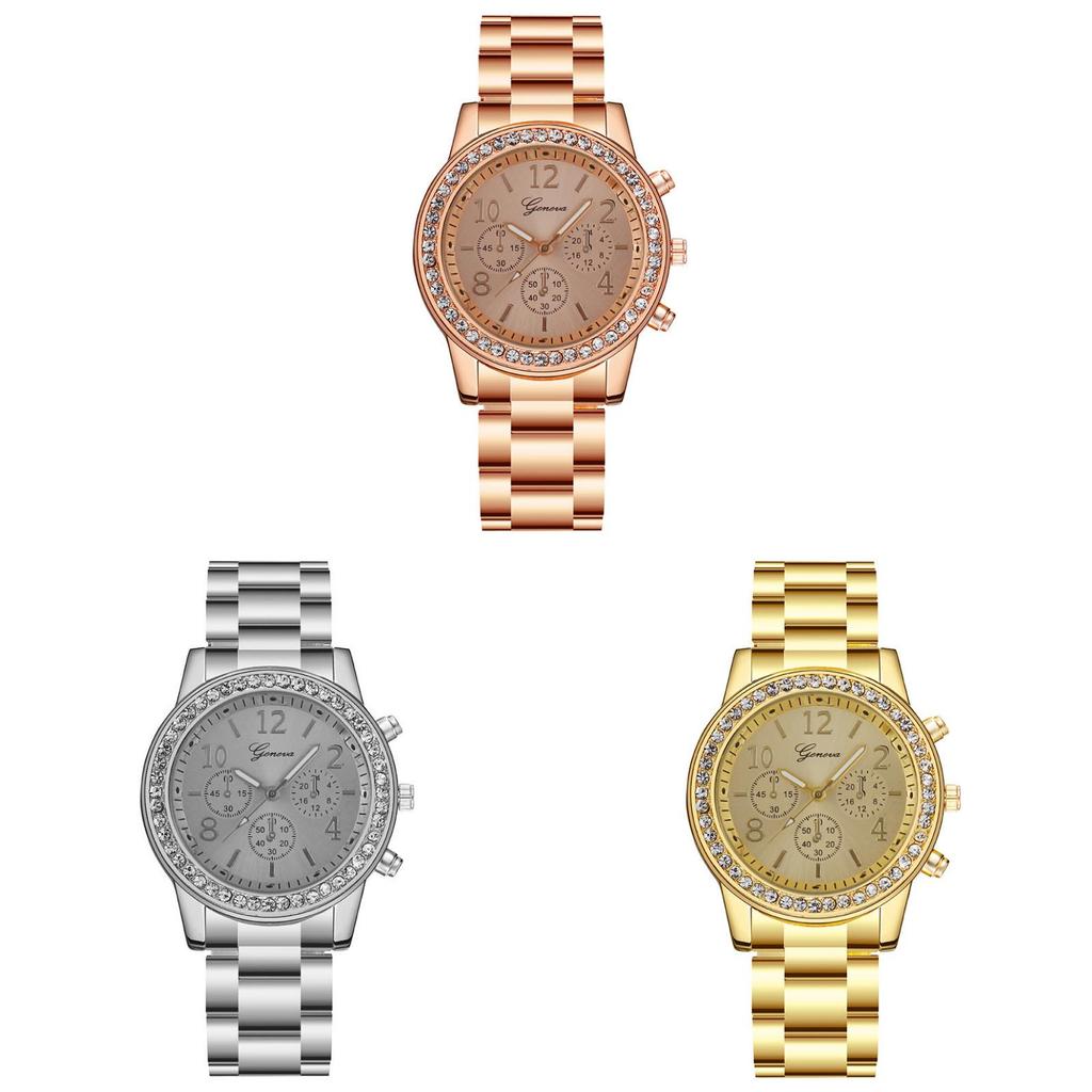 Womens Stylish Diamond Embellished Round Steel Wristwatch With 24h Indicator And Quartz Movement