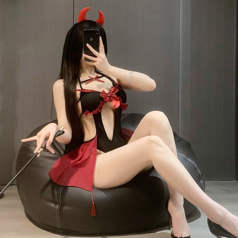 LIKENNY Little Devil Sexy Cute Ruffle Devil Extreme Babydoll Maid Christmas Costume, Cosplay, Outfit, Underwear, Lingerie, Perforated, Exposed,