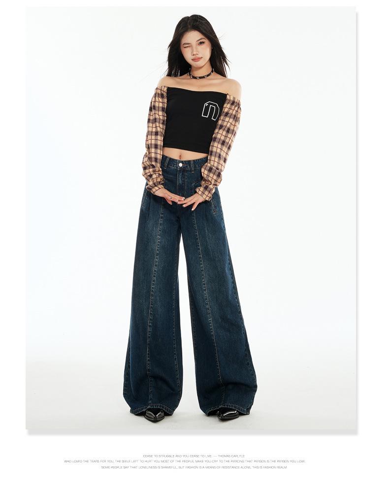 Women's Autumn High-Waisted Hong Kong Style Floor-Sweeping Loose Jeans