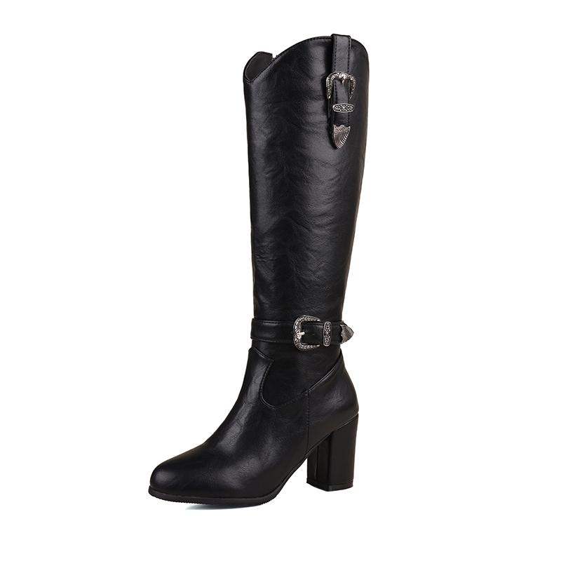 Women's high-heeled boots autumn and winter new solid-color thick-heeled boots versatile large-size Roman medium boots