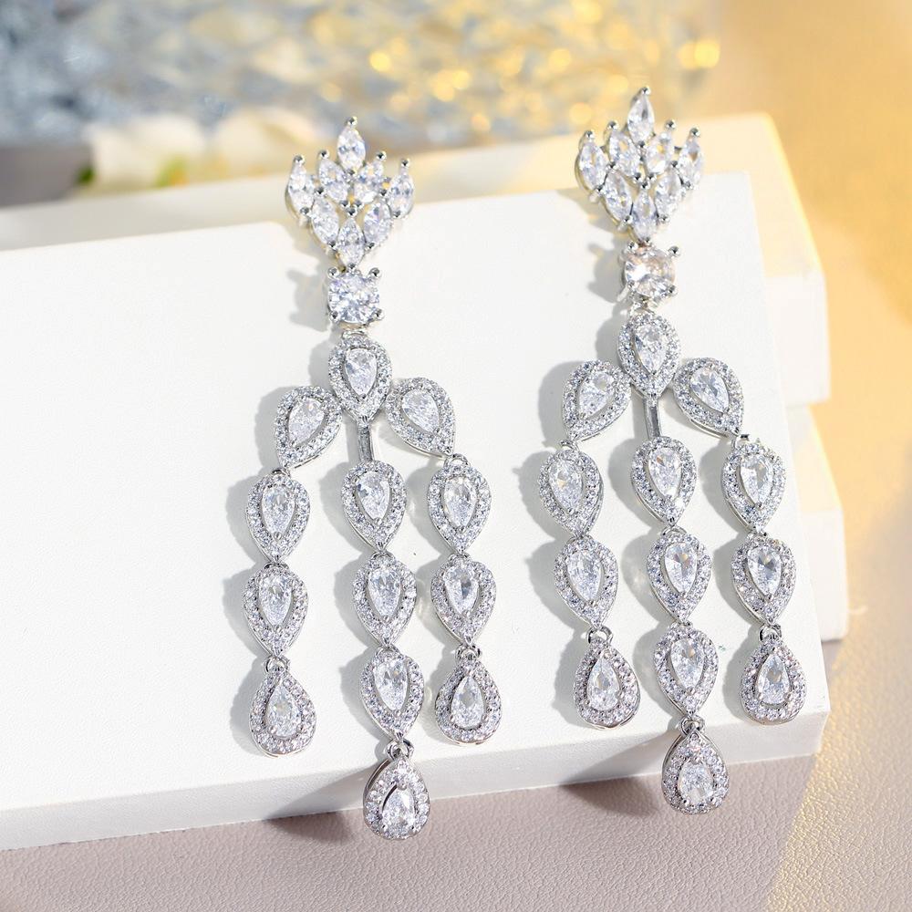 Popular Full Diamond Inlaid Zircon Long Tassel Water Drop Earrings Wedding Jewelry Earrings Earrings