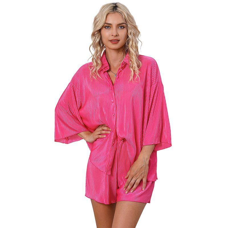 

European and American Leisure Single-Breasted Long Sleeve Tops Shorts Two-piece Set Female 2024 Summer New Arrival Ruched Fashion Suit Female Rose Red Size M fit (55.00 kg-62.50 kg
