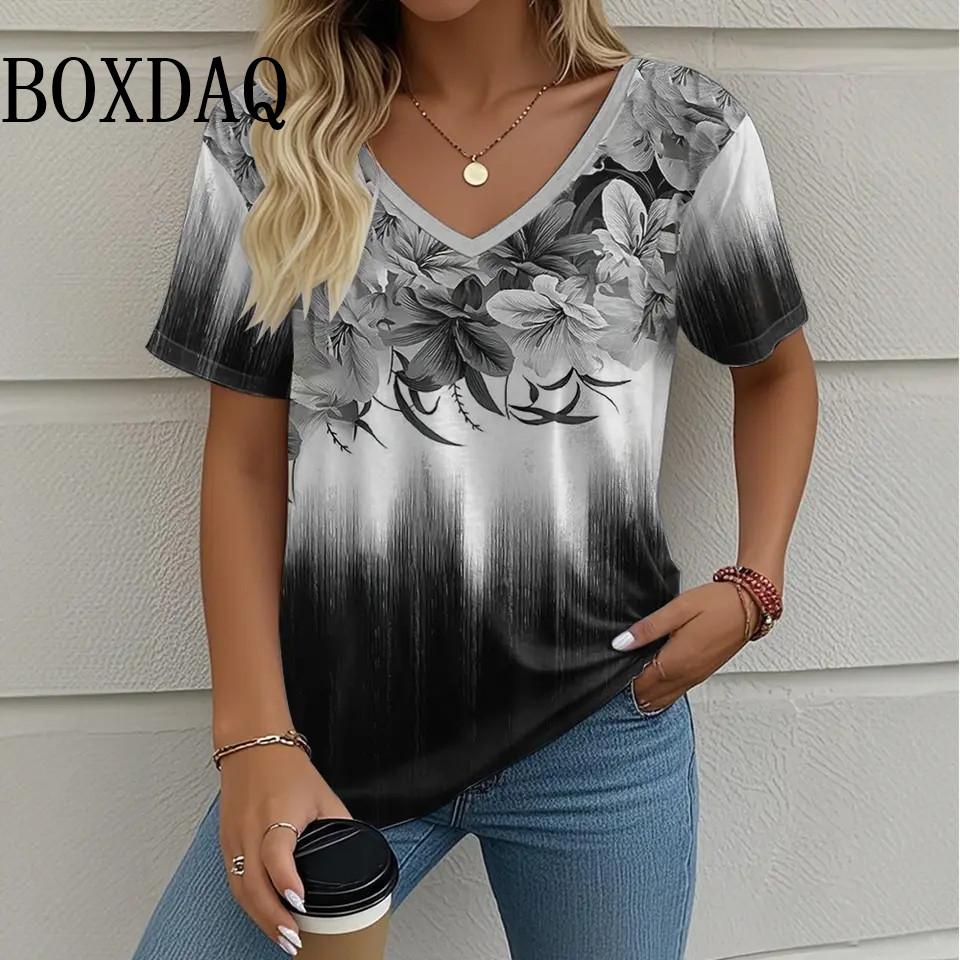 Summer Casual Loose Short Sleeve T Shirt Vintage V-Neck Flowers Printed Women's Tee Tops Plus Size Ladies T-Shirt Clothing