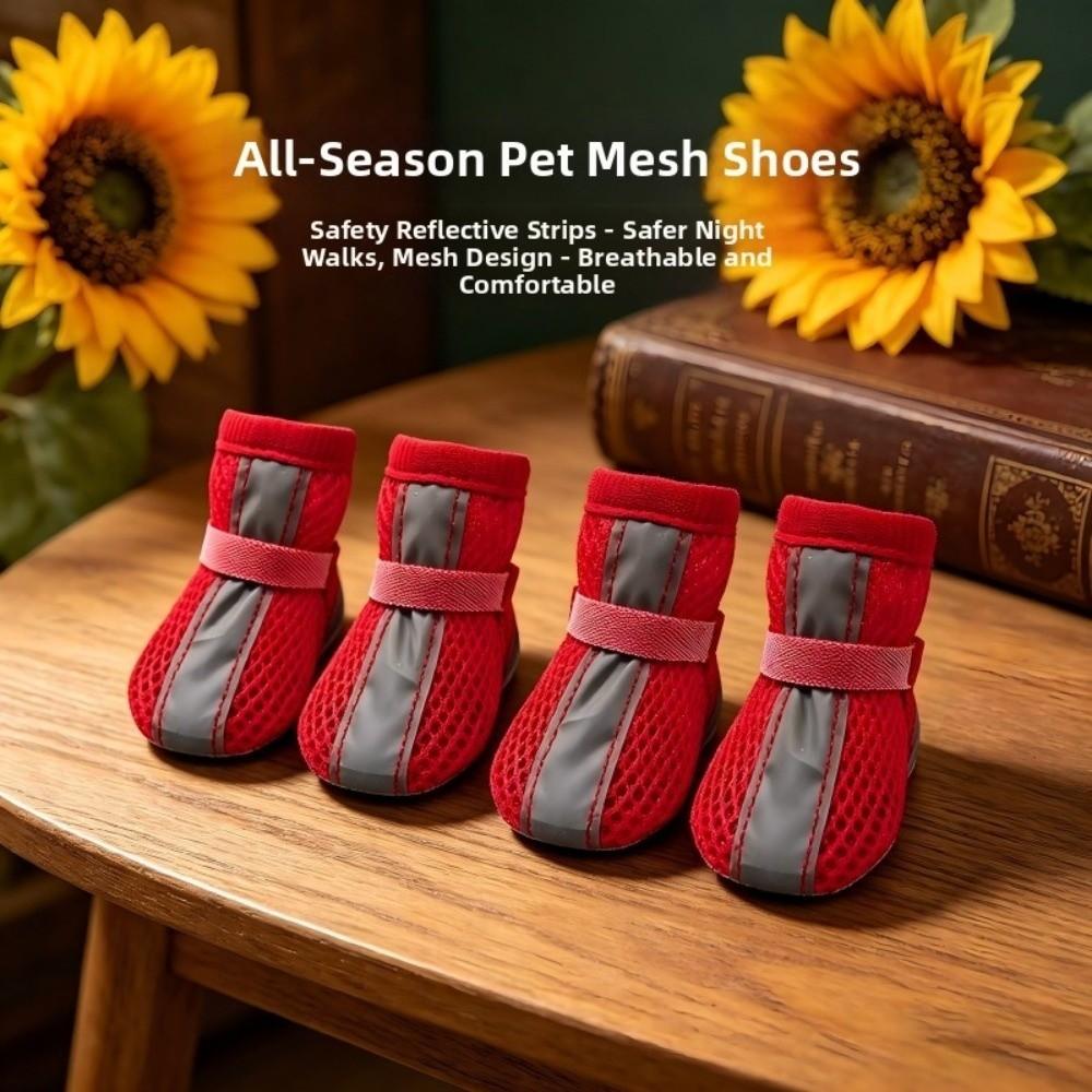 4PCS/SET Non-slip Pet Booties Reflective Stripe Dog Sneakers Mesh Dog Shoes Hot Pavement